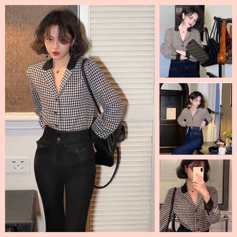 Áo Sơ Mi Nữ Sọc Vằn Cổ V Tay Dài Viền Đen Retro HongKong Diamondcloset Order
