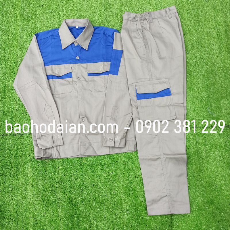 Quần áo bảo hộ lao động vải kaki 31 túi hộp ghi đất phối xanh - M13
