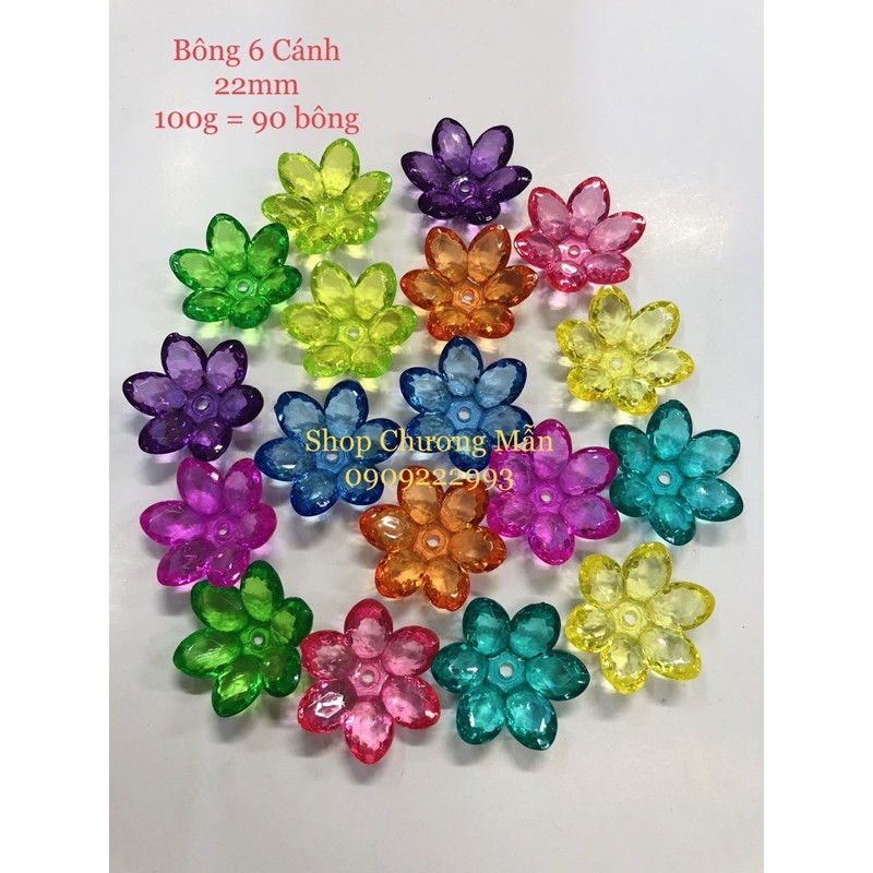 100G Bông 6 Cánh 22mm Pha Lê Nhựa Trang Trí Đủ Màu