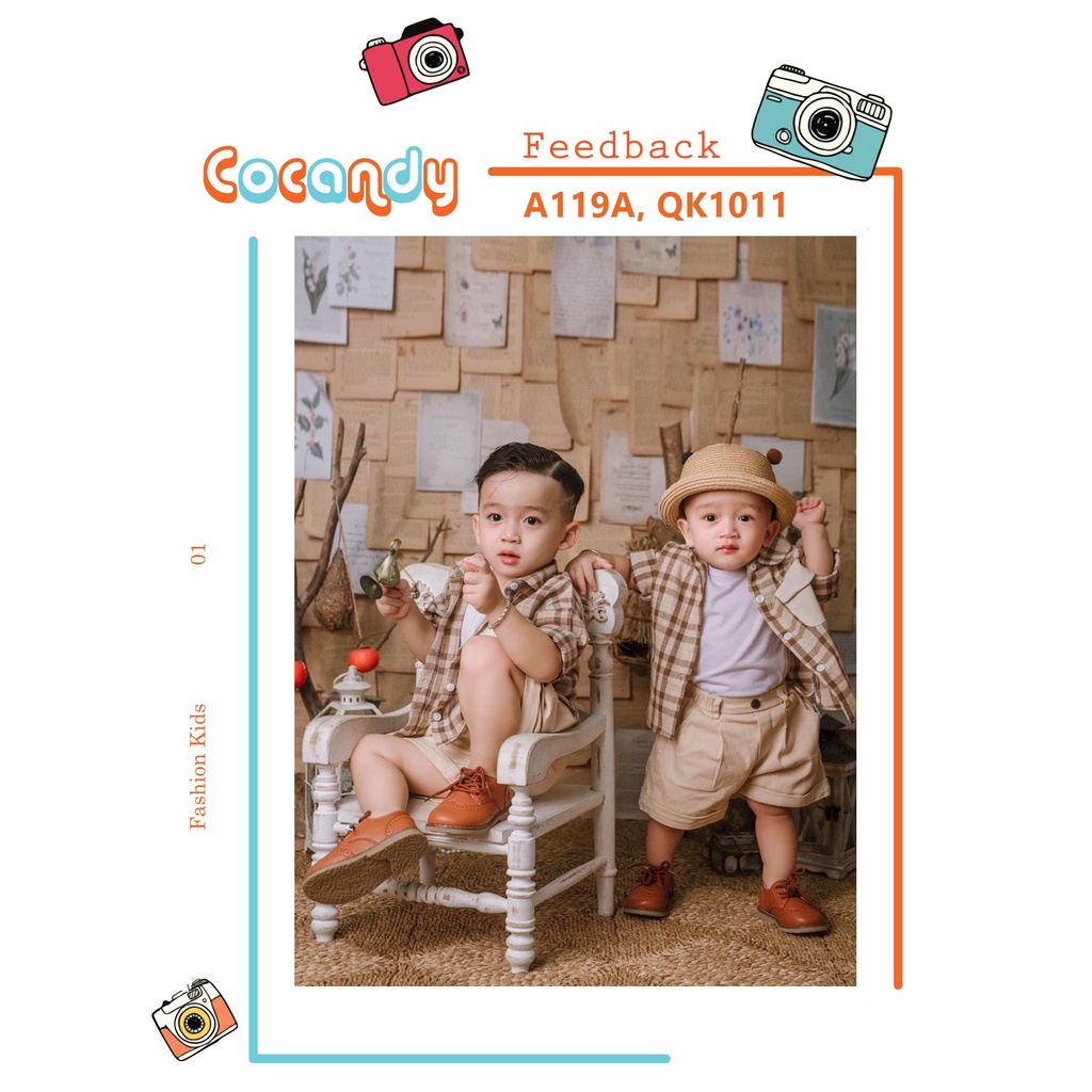 Set đồ cho bé -Áo sơ mi caro nâu phối túi be,áo thun trắng và quần kaki be cộc cho bé của COCANDY mã A119A, A136A, QK101