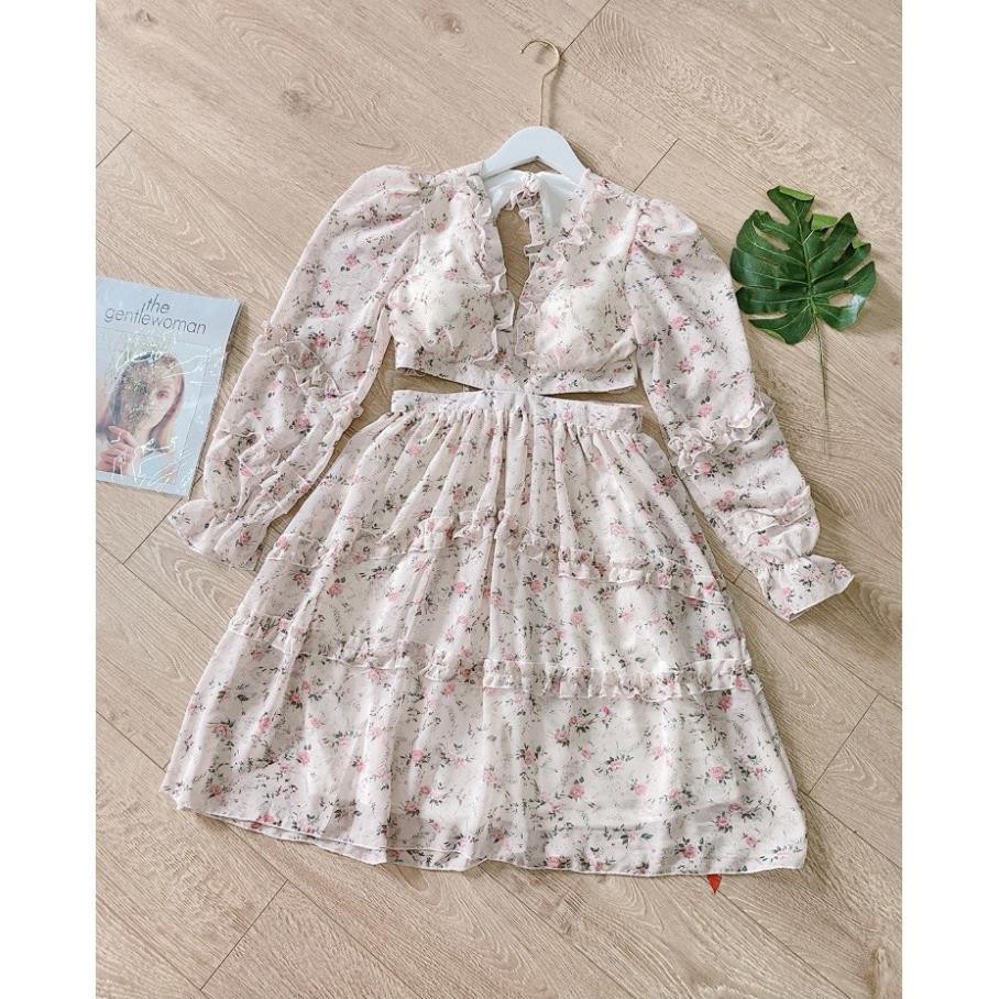 Đầm hoa nhíu bèo cut eo có mút ngực dáng xinh cổ V tay dài hở lưng XUKA-DRESS MT017 chất Voon xịn xó cao cấp.  ྇ ྇