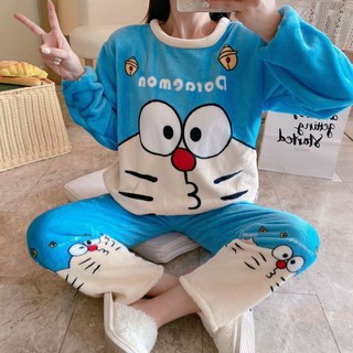 Bộ đồ ngủ chất nỉ in hình Doraemon dễ thương thời trang thu đông cho nữ