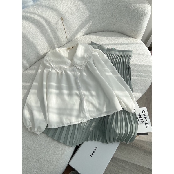SET ÁO CỔ SEN BÈO TAY DÀI + CHÂN VÁY XẾP LY XANH MINT