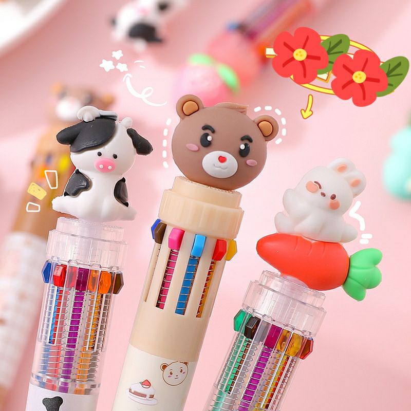 Bút bi 10 màu mực dễ thương khủng long, bò sữa, thỏ cà rốt, gấu xanh/ Bút bi béo lò xo bấm 6 ngòi học sinh, sinh viên