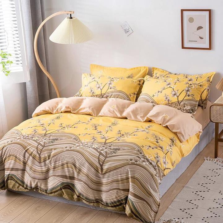 Bộ chăn ga gối drap giường chất cotton poly họa tiết mai vàng