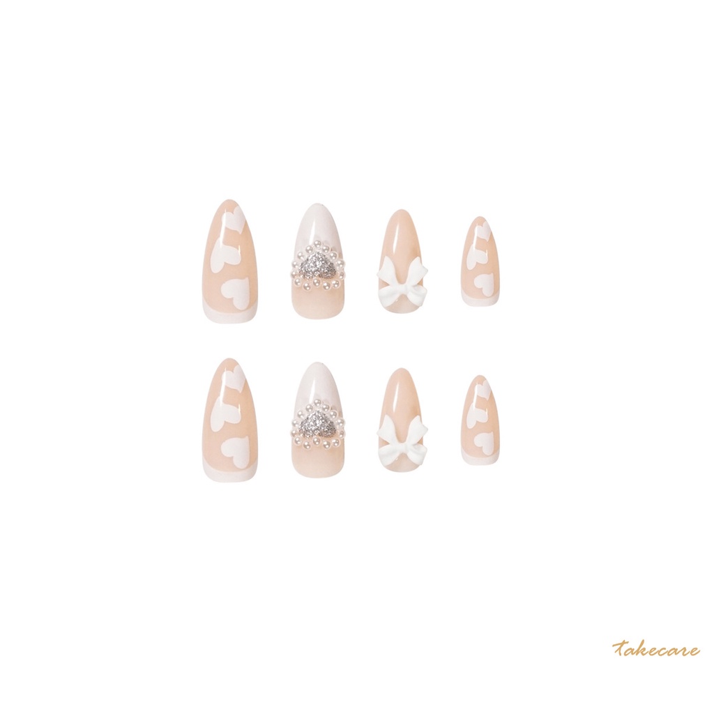 [Hàng mới về] Set 24 móng tay giả đầu nhọn màu trắng in họa tiết trái tim xinh xắn