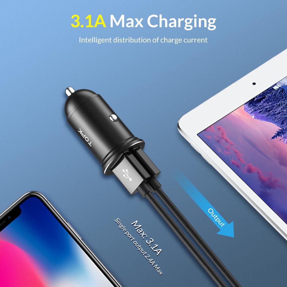 Tẩu sạc xe hơi mini TOPK G204 hai cổng USB, 3.1A sạc nhanh cho điện thoại, máy tính bảng