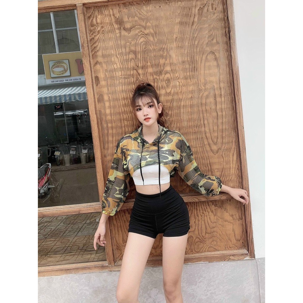 Áo Tập Gym Nữ [CROPTOP] Thể Thao Camo Lưới Có Mũ Độc Đáo [ĐỒ TẬP GYM NỮ]