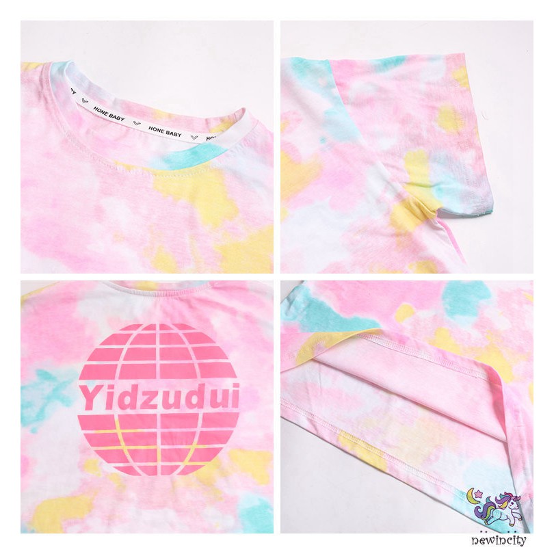 Áo Thun Tay Ngắn Họa Tiết Màu Nhuộm Phong Cách Hàn Quốc Cho Bé Gái