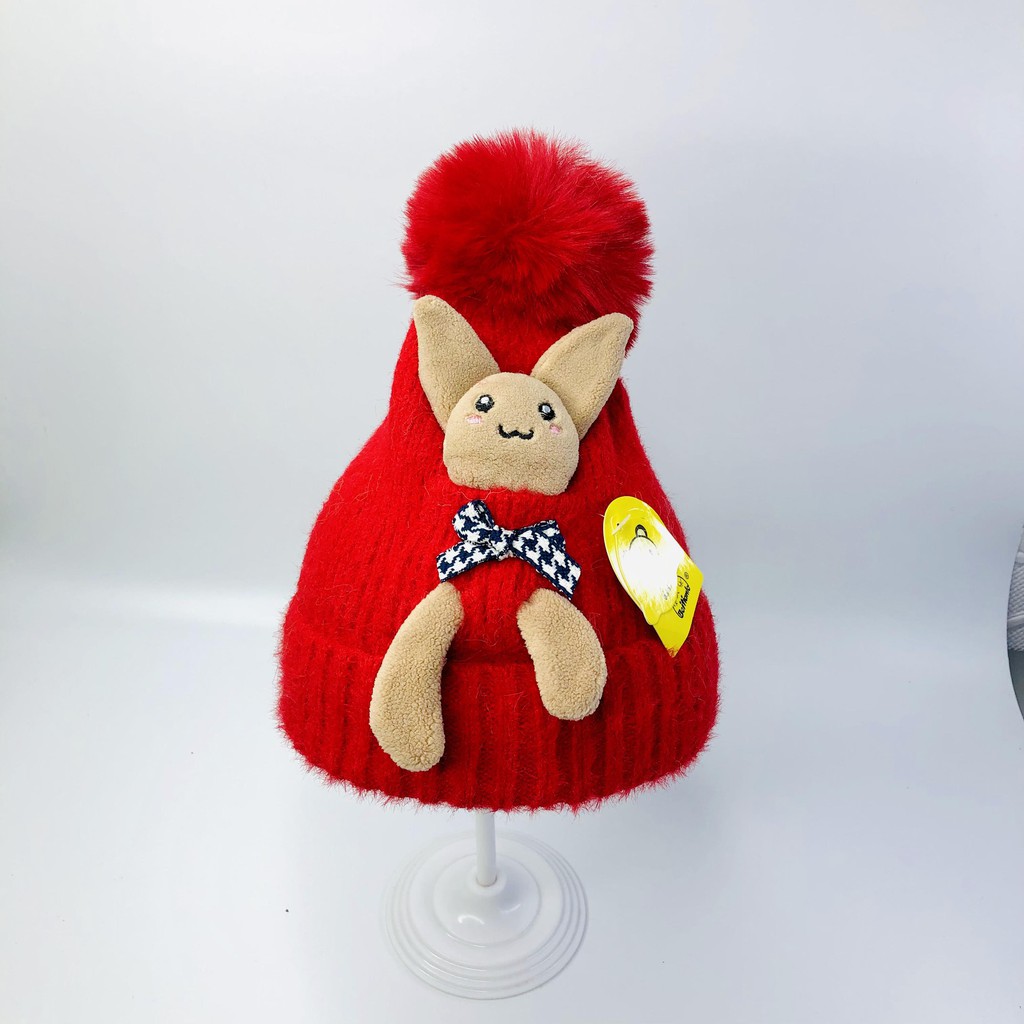 Mũ beanie, nón len cho bé hình thỏ có quả bông cực yêu, siêu ấm áp