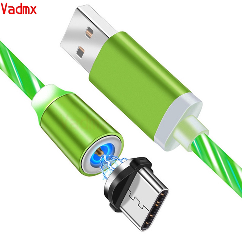 Magnetic Flowing LED Light Cable 2.4A Fast Charging Micro USB Type C Led Cord Type-C USB-C Android Charger For iPhone