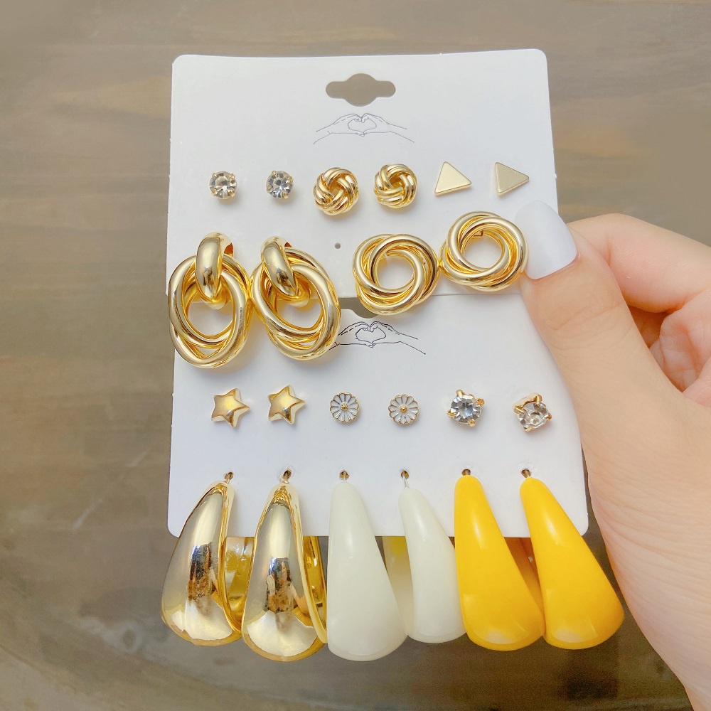 Set 12 bông tai nhiều hình dạng đính ngọc trai sang trọng