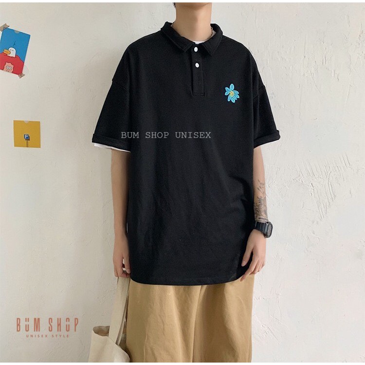 Áo Thun Polo Có Cổ Form Rộng Unisex Nam - Thêu Hoa Cúc - TTLCC51 - Hàng Đẹp Giống Hình - Chất Cotton Mềm Mát