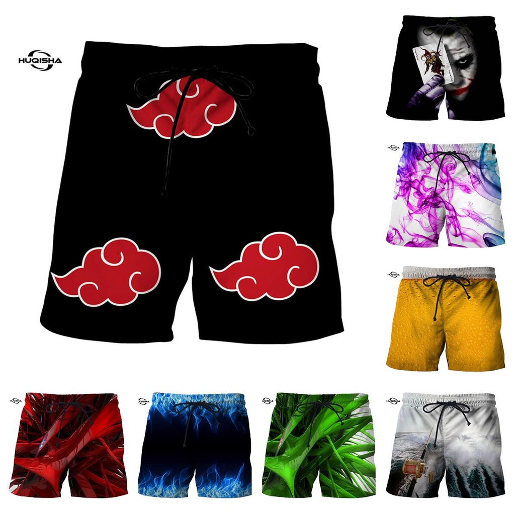 Quần short HUQISHA đi bơi mùa hè nghỉ mát form rộng in hoạt hình Naruto Joker ngọn lửa 3D