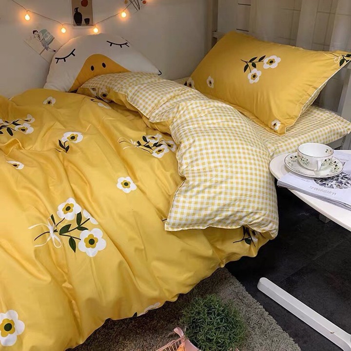 Bộ chăn ga gối drap giường chất cotton poly họa tiết chùm bông kẻ vàng