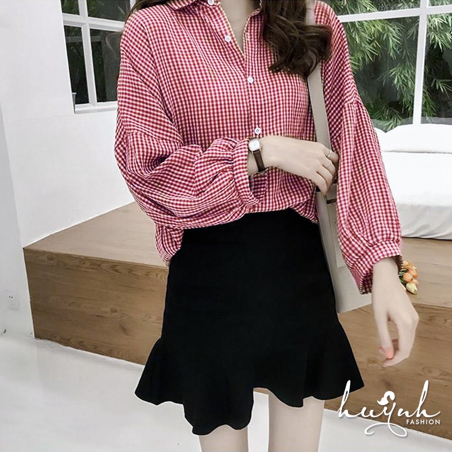 Áo sơ mi nữ form rộng, tay phồng rộng vai sọc caro -  SM03
