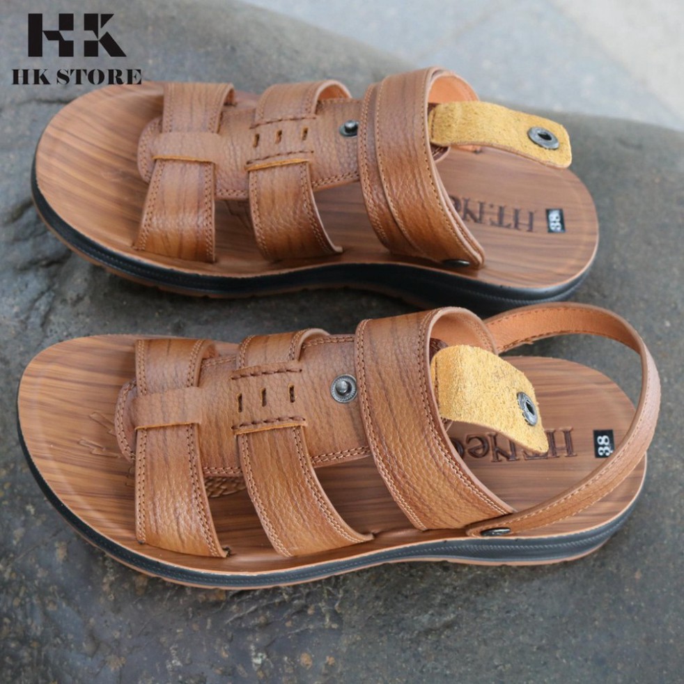 Dép sandal nam trung niên 💝 HK.STORE 💝 da bò xịn kết hợp đế kếp cao 3,5cm cực đẹp khâu may chân quai công nghệ 2021.