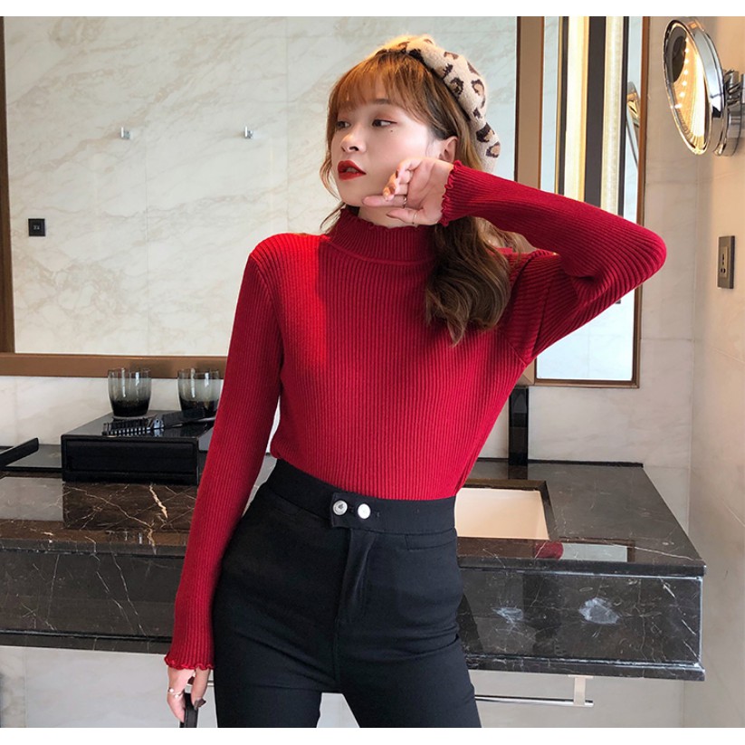 Áo sweater dệt kim màu trơn tay dài xinh xắn cho nữ