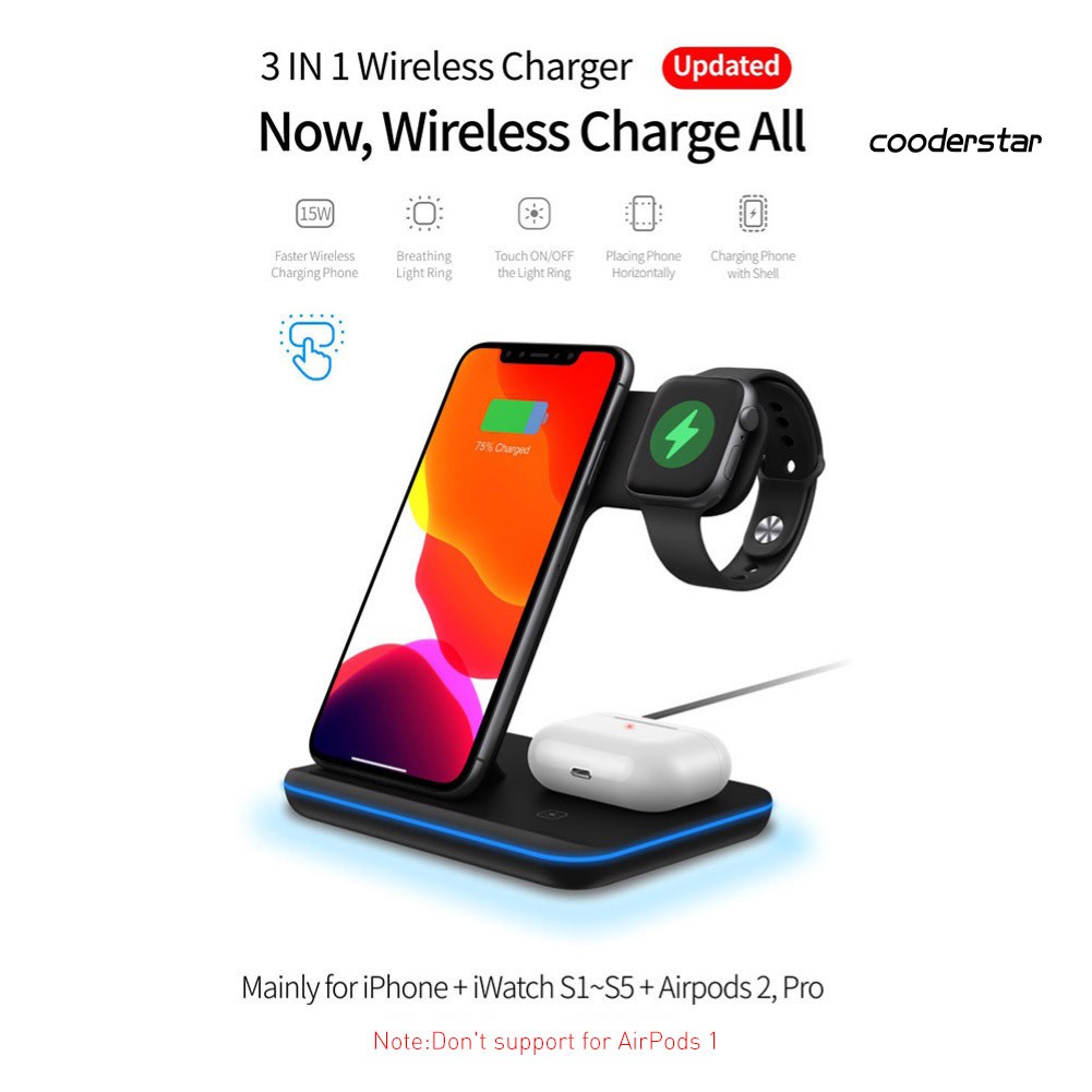 ★COOD★3-in-1 15W Qi Wireless Charger Fast Charging Stand for AirPods 2 for Apple Watch