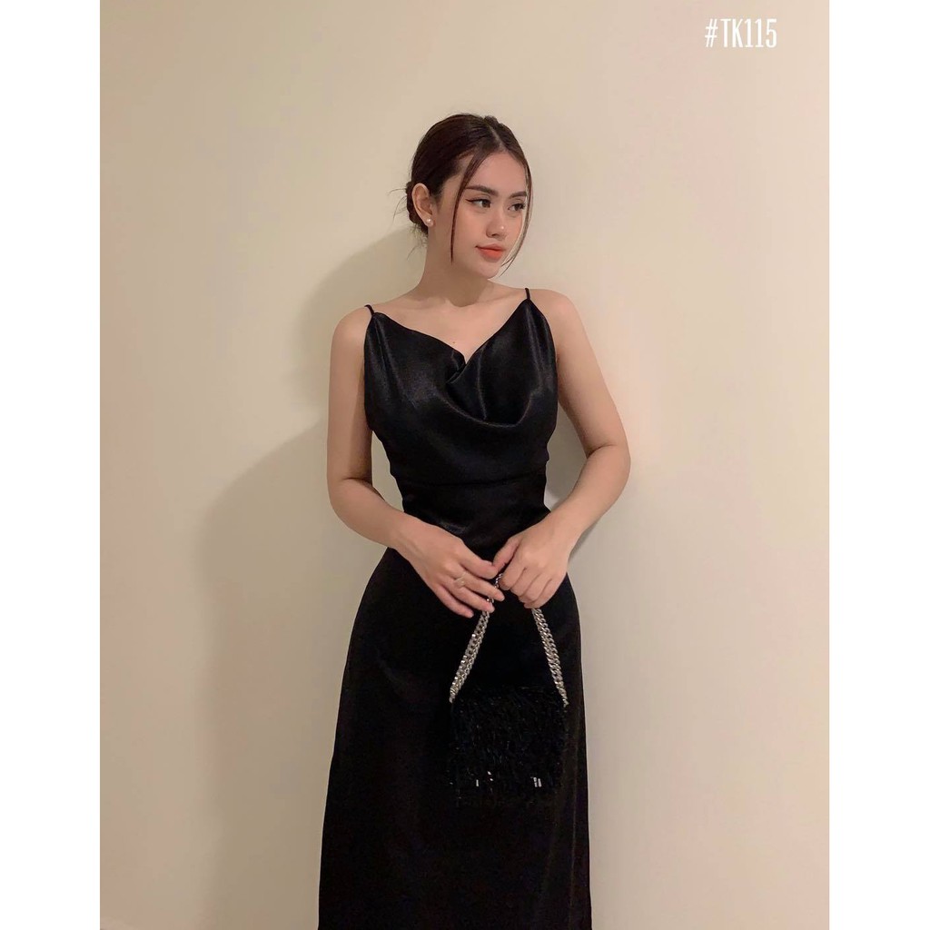Đầm Hai Dây Cổ Đổ Sexy Phi Lụa Màu Đen Đi Tiệc