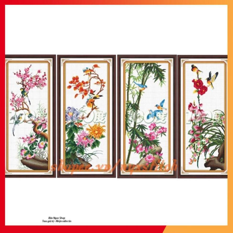 Tranh thêu chữ thập Tứ Quý Đào Cúc Trúc Lan#Trọn bộ 4 bức#chưa thêu