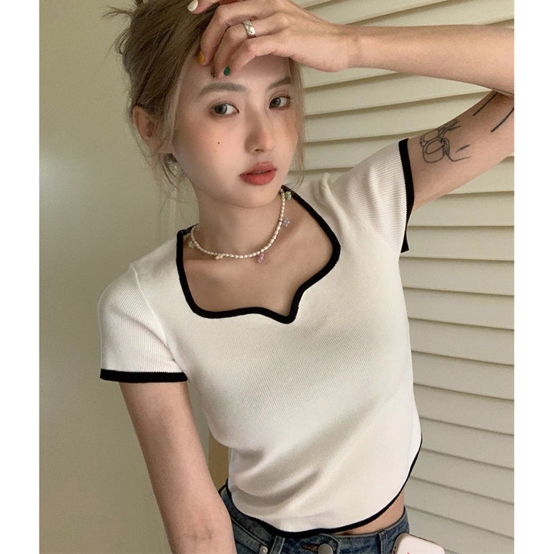 COZOK Áo Thun Dệt Kim Tay Ngắn Dáng Ôm Cổ Vuông Thời Trang