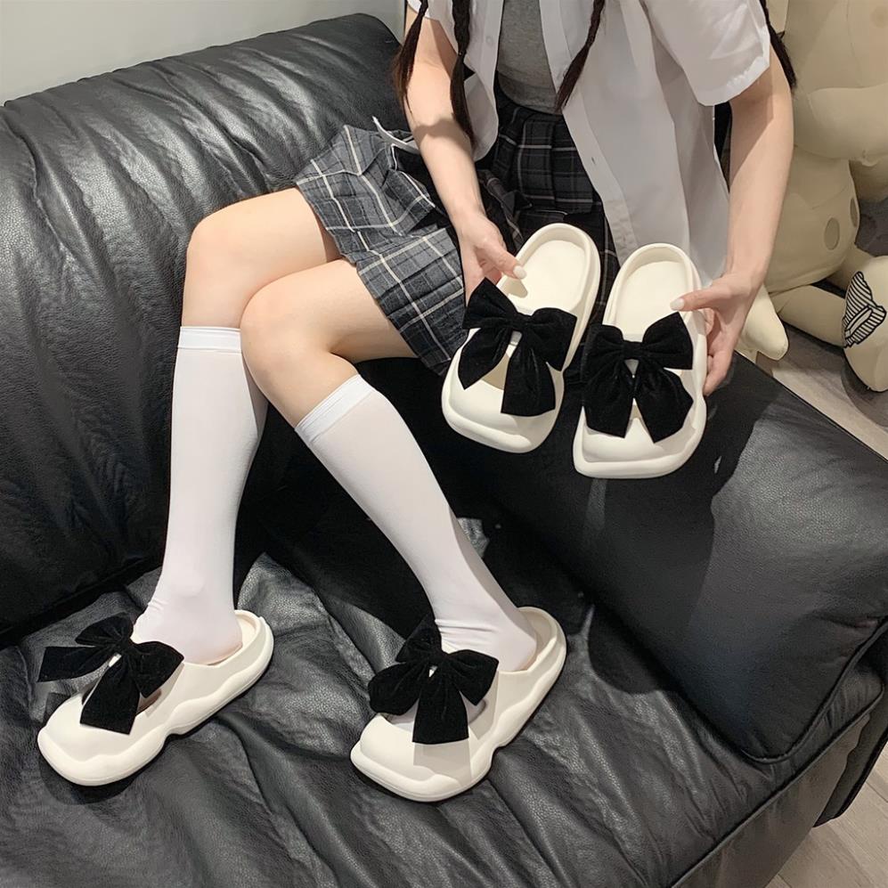 Dép bánh mỳ nữ, DÉP SỤC NƠ ĐEN xinh xắn