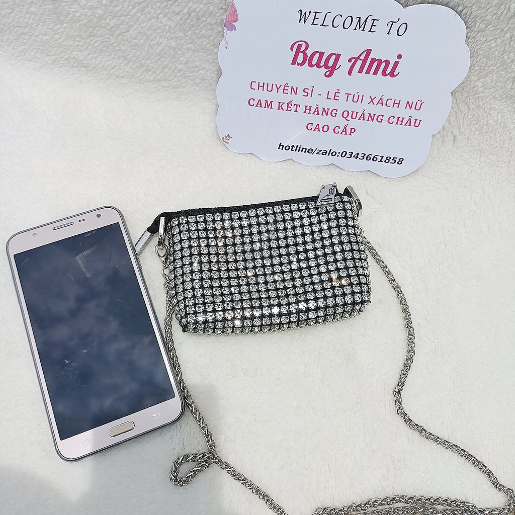 Ví wang đá mini bản chuẩn 13,5 cm kèm dây đeo chéo kim loại hàng Quảng cao cấp 02T3-KC