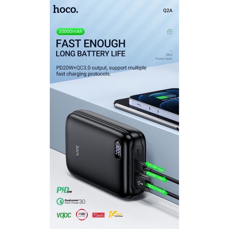 Sạc dự Phòng 20000mAh,sạc nhanh PD 20W,QC3.0-VOOC PIN DỰ PHÒNG HOCO Q2A cho IPhone12 Promax-NHỎ GỌN-Chính Hãng-FREESHIP