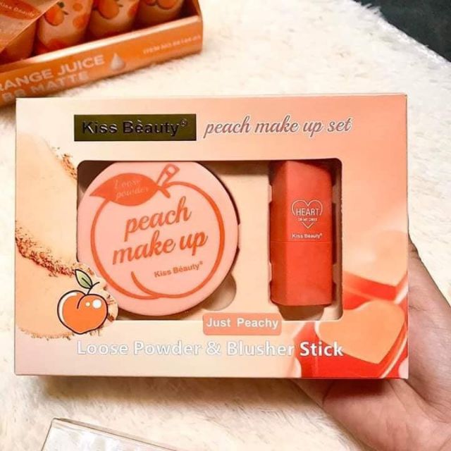 Set 2 món Kiss Beauty Peach ( phấn phủ bột + má hồng thỏi tim) | BigBuy360 - bigbuy360.vn