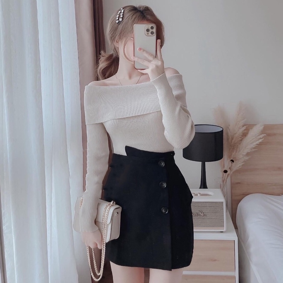 |Ảnh Thật & Video| Set Áo Trễ Vai Thun Gân Kèm Chân Váy Vạt Xéo Ulzzang Cực Xinh ♥