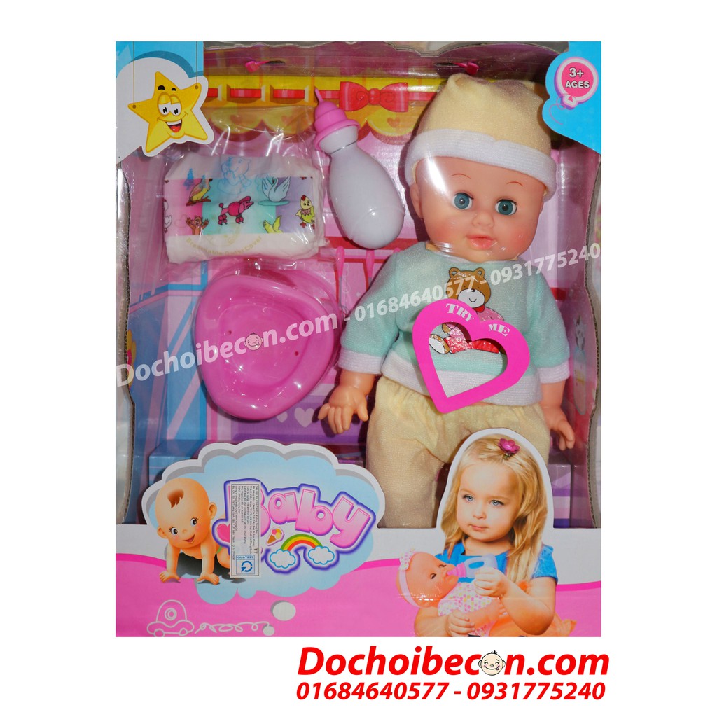 Búp bê Baby Doll bình sữa bé trai đội nón 1199: Biết nói, uống nước, đi vệ sinh (tè), mắt nhắm mở, da mặt và tay mềm