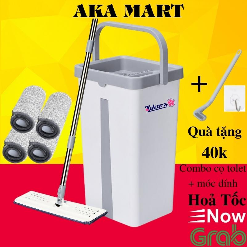 Cây lau nhà thông minh tự vắt thấm nước tốt MOP TAKORA xoay 360 độ, Bộ chổi lau nhà 2 ngăn TK01 kèm thùng