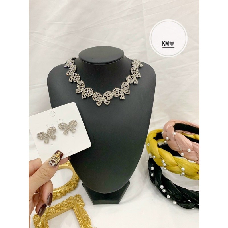Bộ trang sức bông tai và vòng cổ nơ đính đá