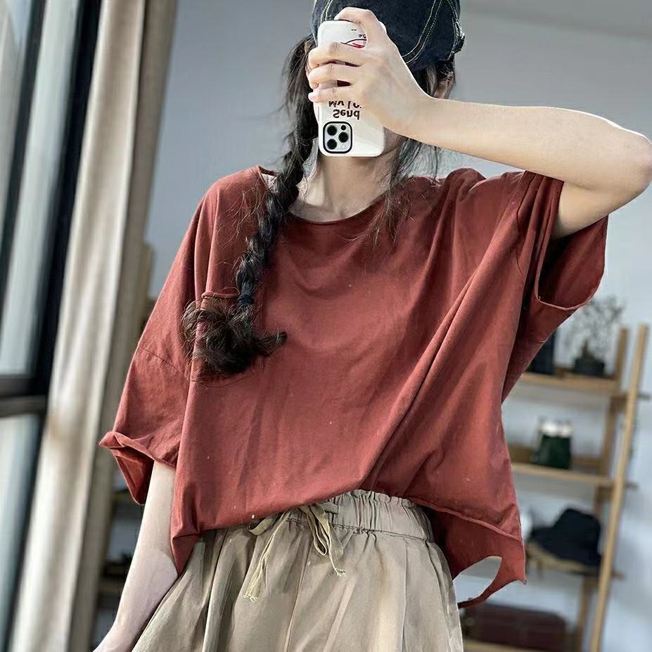 Áo Thun Ngắn Tay Dáng Rộng Lưng Ngắn Vải Cotton Mỏng Màu Trơn Kiểu Hàn Quốc Thời Trang Mùa Hè Cho Nữ