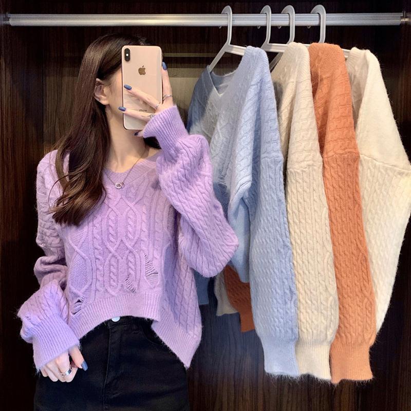 Áo Sweater Dệt Kim Tay Dài Dáng Rộng Cổ Chữ V Phong Cách Hàn Quốc Thời Trang Mùa Đông Cho Nữ