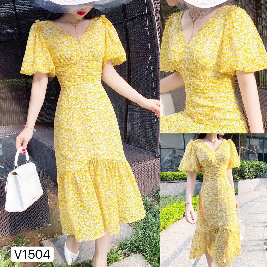 [BÁN LỖ VỐN - HÀNG SALE KHÔNG ĐỔI TRẢ]Đầm hoa vàng đuôi cá cổ tim nhúm eo phù hợp đi biển đi chơi V1504_Zin Boutique | BigBuy360 - bigbuy360.vn