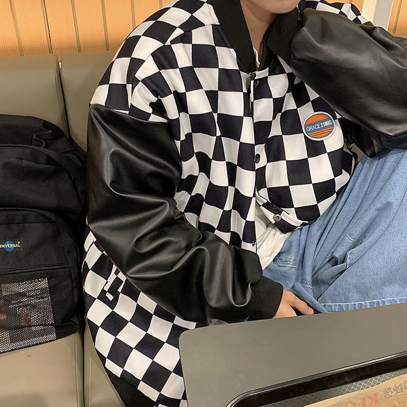 Áo khoác bomber làm từ da họa tiết ca rô thời trang cá tính trẻ trung cho nam và nữ