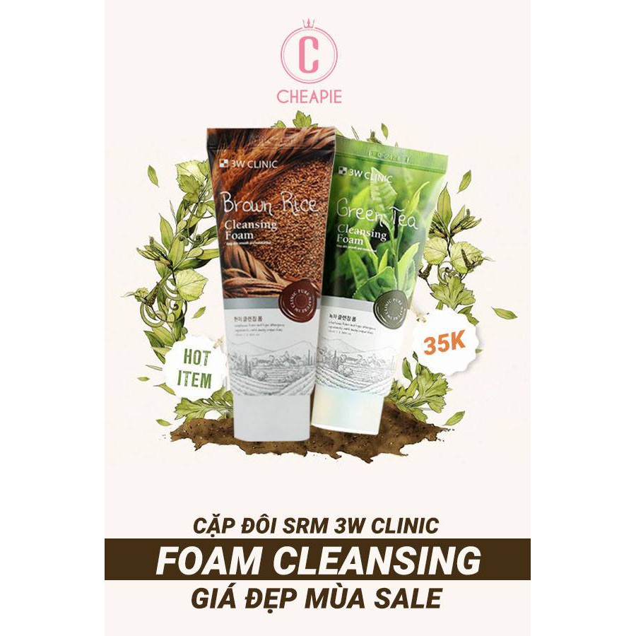 Combo x2 Sữa rửa mặt 3W Clinic chiết xuất trà xanh và chiết xuất gạo (100mlx2)