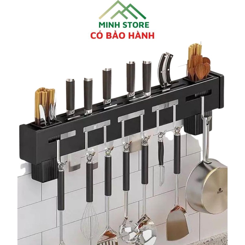 Giá gài dao kéo kệ dán tường để đồ nhà bếp có ống đựng đũa và móc treo muôi thìa bằng thép
