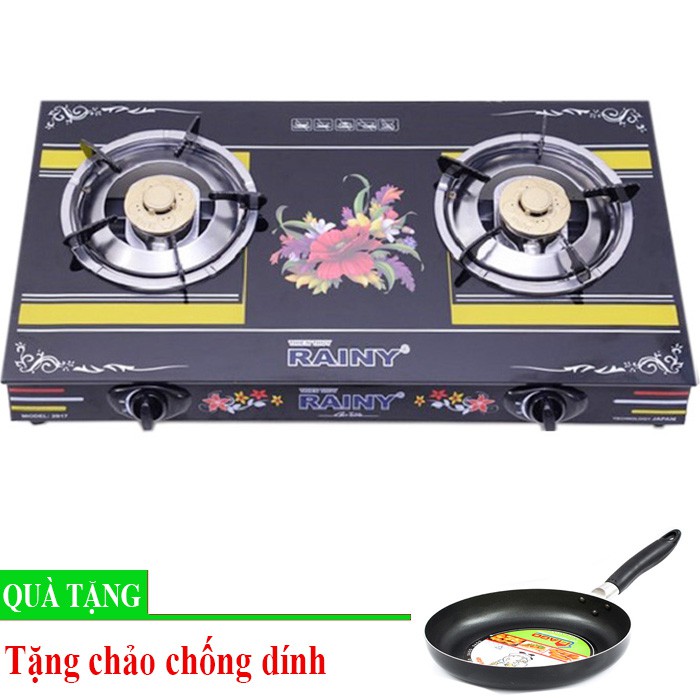 Bếp ga đôi giá rẻ Rainy + Tặng chảo chống dính