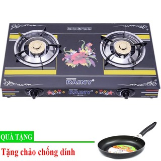 Bếp ga đôi giá rẻ Rainy + Tặng chảo chống dính
