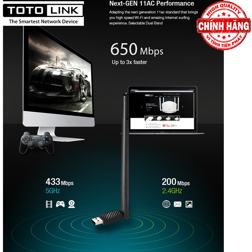 USB Thu WiFi Băng Tần Kép 5Ghz và 2.4Ghz - TotoLink A650UA ( Chuẩn MU-MIMO / AC650 ) tốc độ 650Mbps