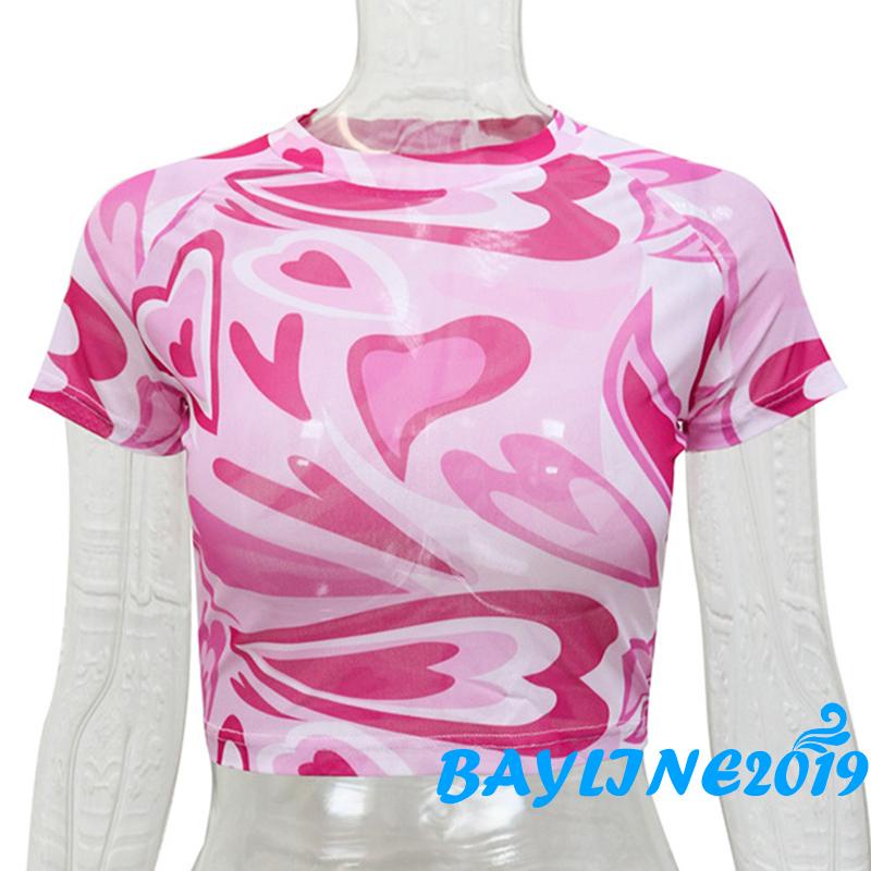 Áo croptop tay ngắn cổ tròn in họa tiết trái tim độc đáo thời trang xuân hè cho nữ