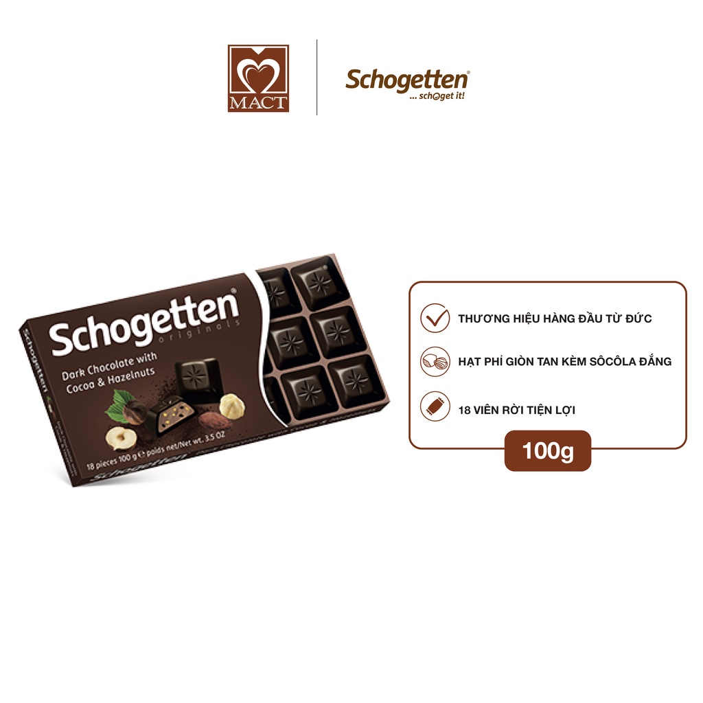 Sôcôla SCHOGETTEN - Vị đắng cacao & hạt phỉ - thanh 100g gồm 18 viên rời