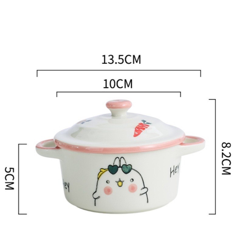 Bát nồi có Nắp ăn dặm cho bé, bát sứ ăn dặm kiểu Nhật , họa tiết xinh xắn có tay cầm loại to 200ml