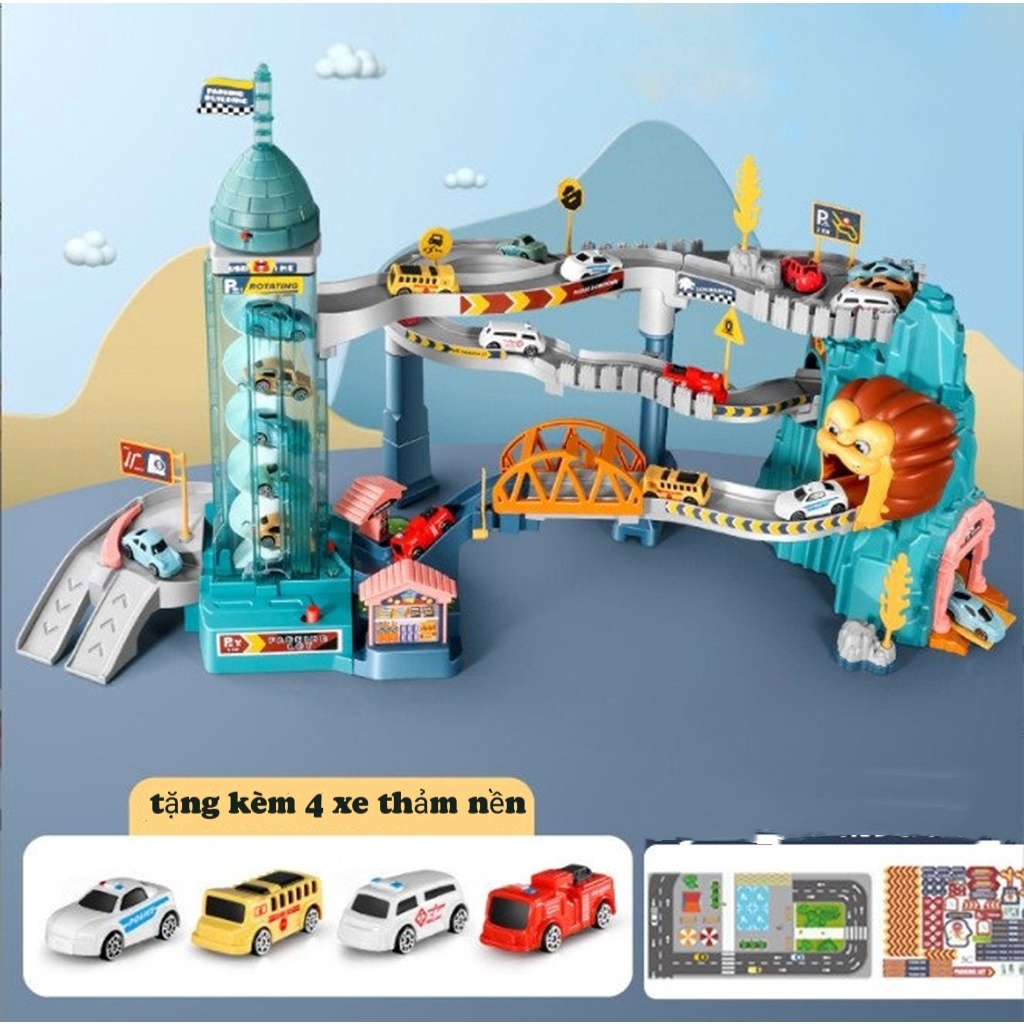 Bộ đồ chơi đường đua kết hợp hầm sư tử chạy pin có nhạc kèm 4 xe chạy tự động