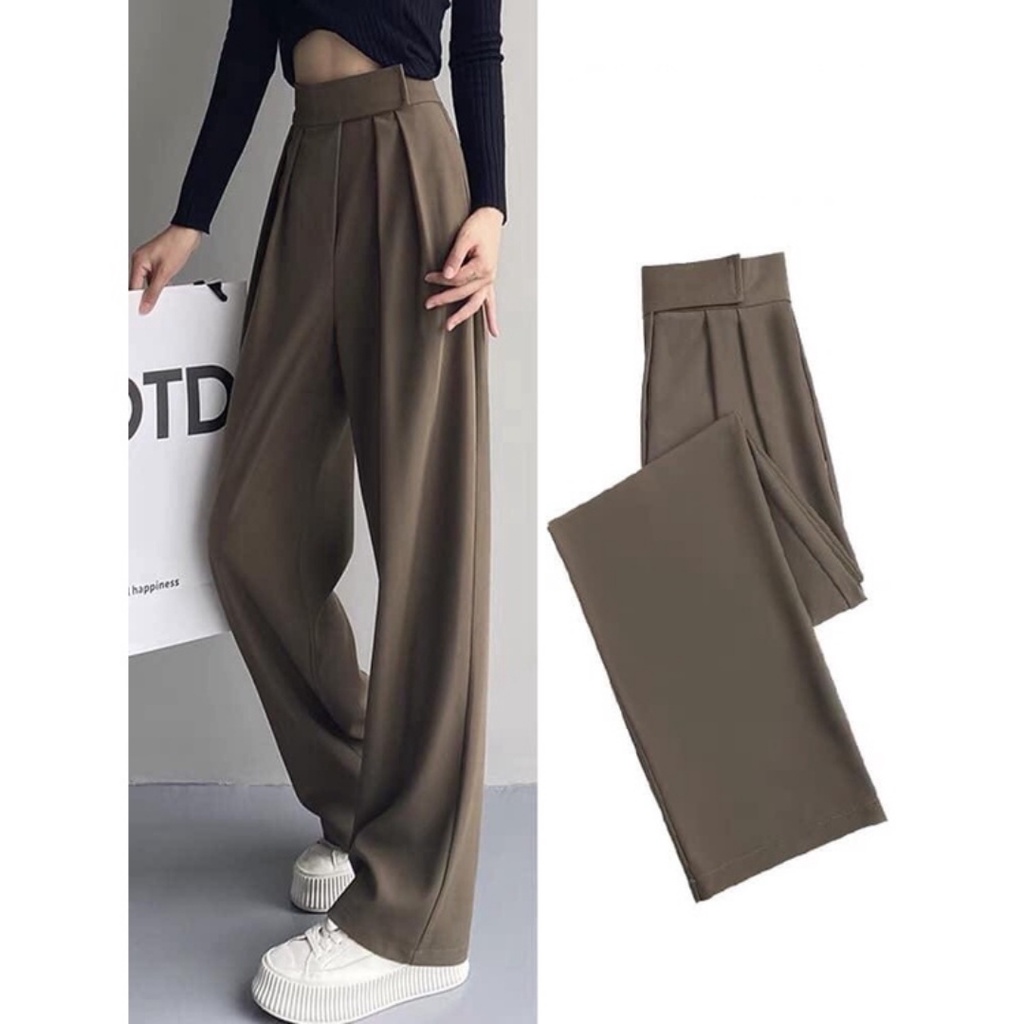 Quần tây nữ ống rộng lưng cao cạp dán dáng xuông đứng dài vải đen mềm Quần ống rộng suông nữ khóa trước đi học công sở