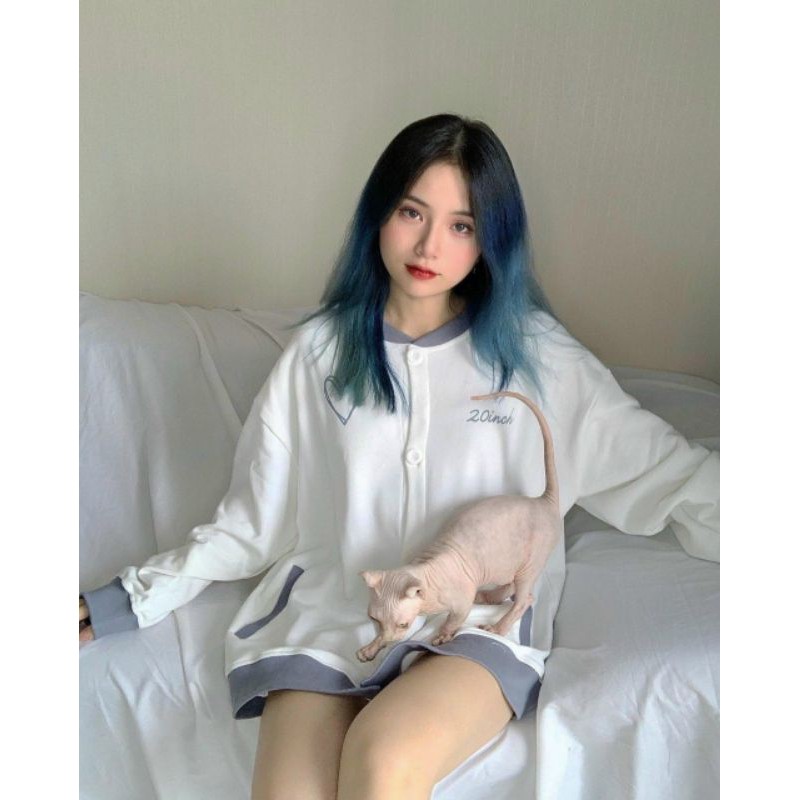 Áo Khoác Nỉ Bông Cardigan WHATISLOVE 20inch Trắng Phối Xanh Đậm Unisex Ulzzang | BigBuy360 - bigbuy360.vn