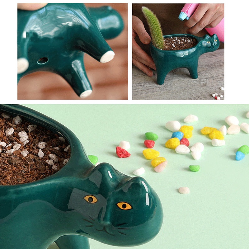 Chậu trồng cây bằng gốm hình mèo hoạt hình có lỗ thoát nước